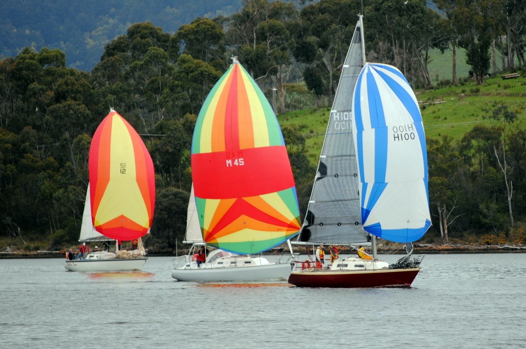 Yachts running along the rural shoreline of the Huon River in southern Tasmanian - Pipe Opener and Cock of the Huon 2012 © Rob Cruse