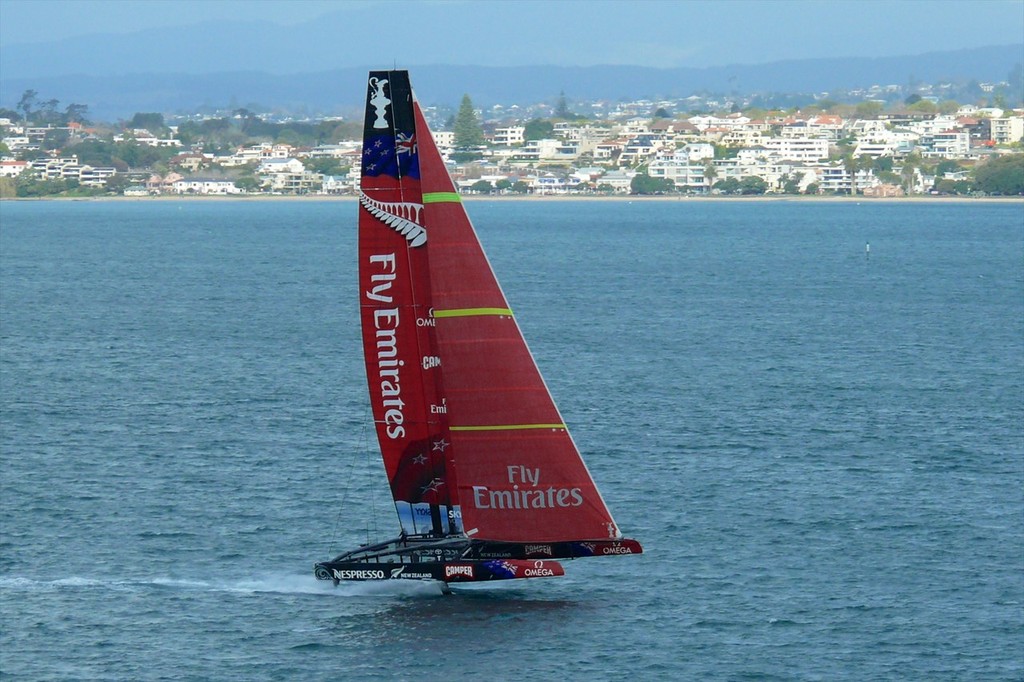 3 - AC72 - New Zealand fully lifted on her L-Foils and sailing on the Waitemata Harbour, Auckland, New Zealand. photo copyright Swan Images http://www.sail-world.com taken at  and featuring the  class