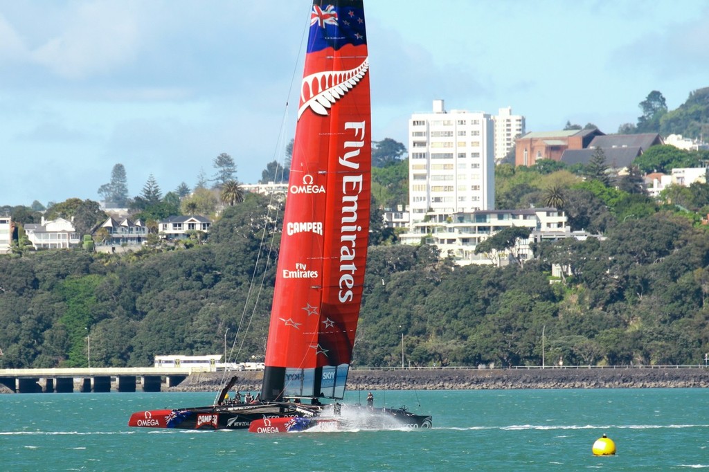 Emirates Team NZ heads down the harbour on Day 10 - Emirates Team NZ AC72 October 12,2012 photo copyright Richard Gladwell www.photosport.co.nz taken at  and featuring the  class