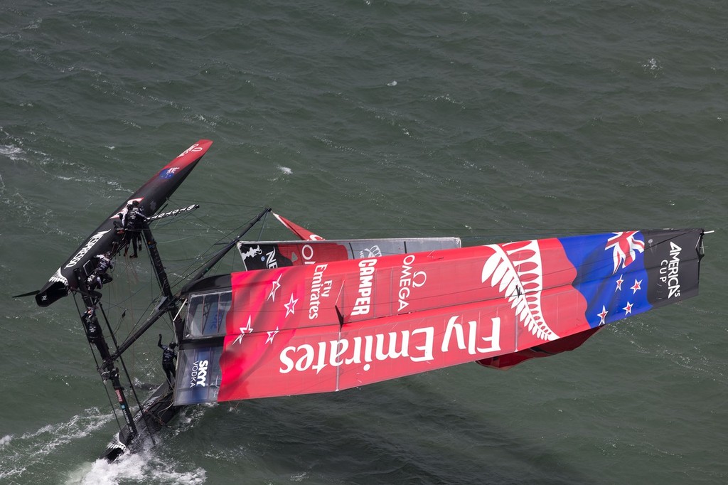 Emirates Team NZ is righted after her capsize in San Francisco - Official Practice - America&rsquo;s Cup World Series photo copyright ACEA - Photo Gilles Martin-Raget http://photo.americascup.com/ taken at  and featuring the  class
