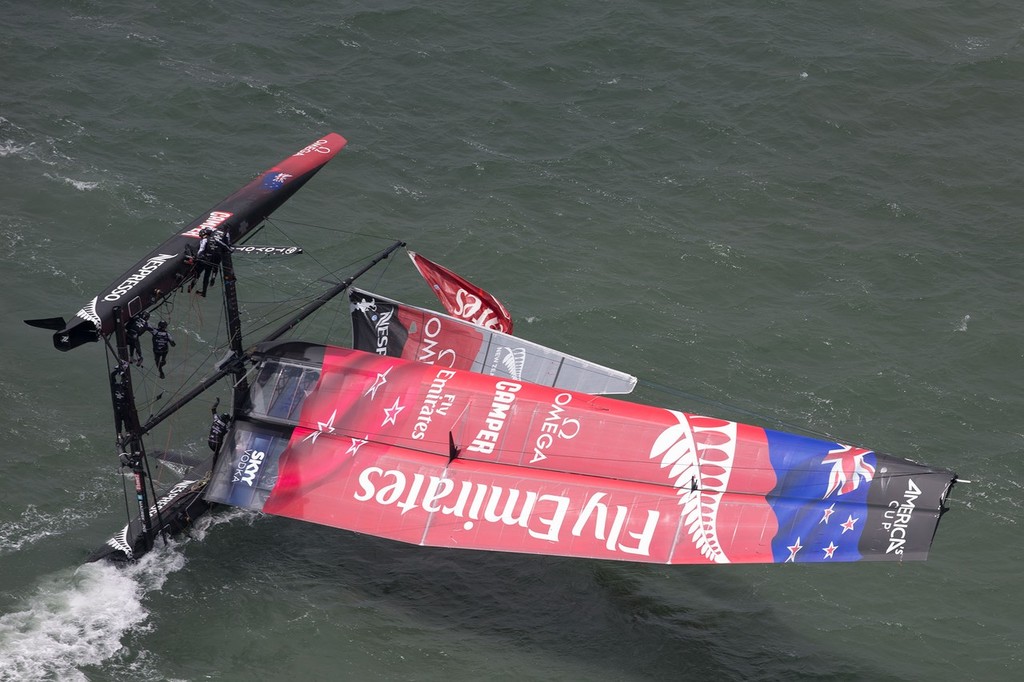 Emirates Team NZ is righted after her capsize in San Francisco - Official Practice - America’s Cup World Series © ACEA - Photo Gilles Martin-Raget http://photo.americascup.com/