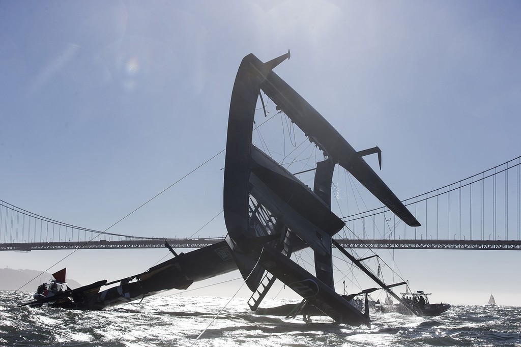 17/10/2012 - San Francisco (USA,CA) 34th America's Cup - ORACLE Team USA AC 72 capsizes during training in San Francisco Bay and is pushed out of the bay by the tide current as the team try to salvage the platform. - Oracle Team USA capsize AC72 Oct 16, 2012 photo copyright Guilain Grenier Oracle Team USA http://www.oracleteamusamedia.com/ taken at  and featuring the  class