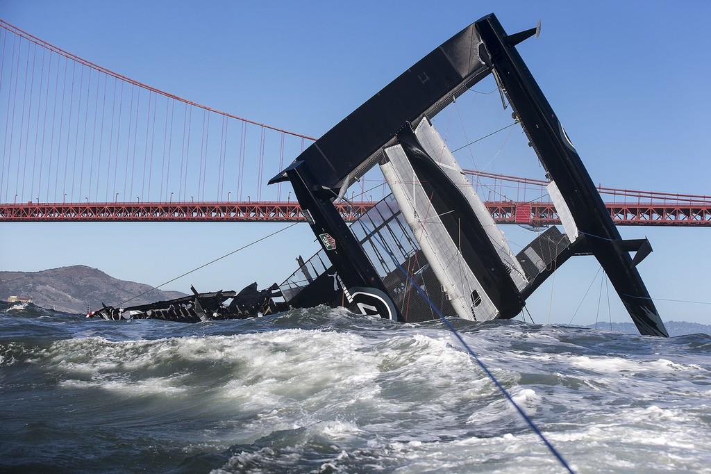 17/10/2012 - San Francisco (USA,CA) 34th America's Cup - ORACLE Team USA AC 72 capsizes during training in San Francisco Bay and is pushed out of the bay by the tide current as the team try to salvage the platform. - Oracle Team USA capsize AC72 Oct 16, 2012 photo copyright Guilain Grenier Oracle Team USA http://www.oracleteamusamedia.com/ taken at  and featuring the  class