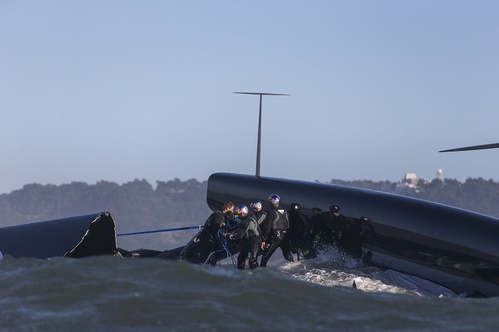 17/10/2012 - San Francisco (USA,CA) 34th America’s Cup - ORACLE Team USA AC 72 capsizes during training in San Francisco Bay and is pushed out of the bay by the tide current as the team try to salvage the platform. - Oracle Team USA capsize AC72 Oct 16, 2012 &copy; Guilain Grenier Oracle Team USA http://www.oracleteamusamedia.com/
