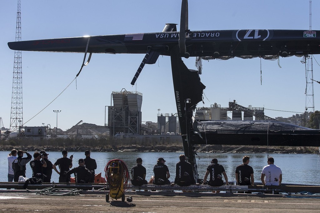 Oracle Team USA is lifted from the water to assist pumping © Guilain Grenier Oracle Team USA http://www.oracleteamusamedia.com/