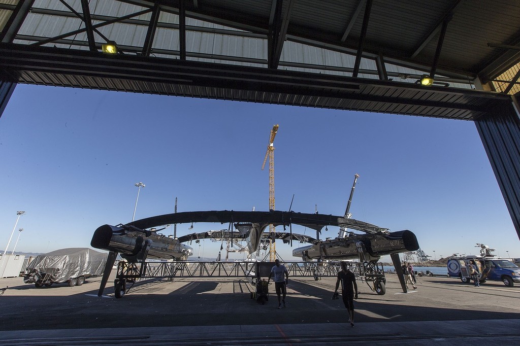 Oracle Team USA gets wheeled into the shed on Pier 80 © Guilain Grenier Oracle Team USA http://www.oracleteamusamedia.com/