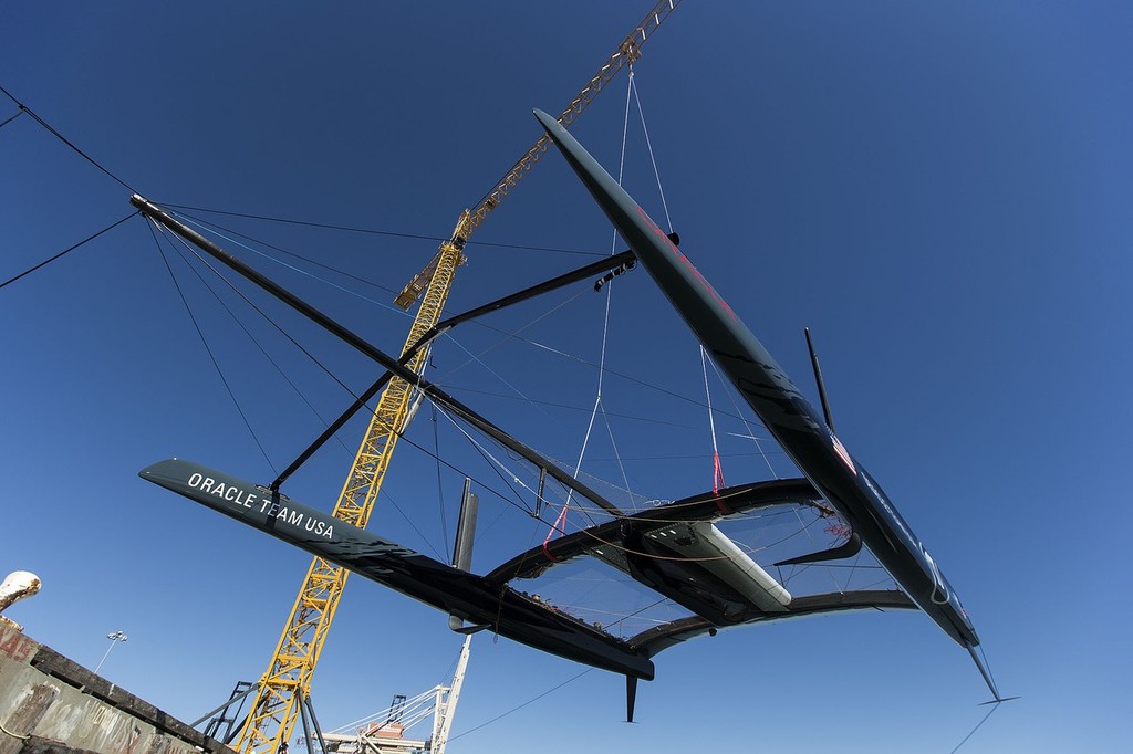 AC72 Oracle Team USA prior to her launch on August 29, 2012, with the tip of the starboard L-foil clearly visible © Guilain Grenier Oracle Team USA http://www.oracleteamusamedia.com/