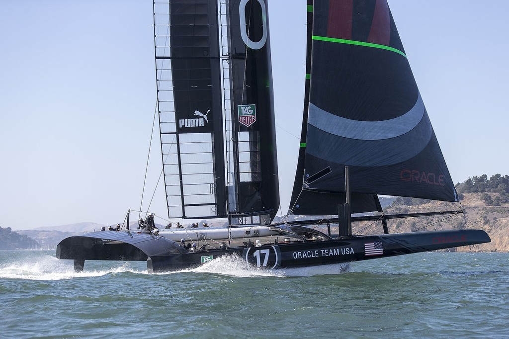 Oracle Team USA attempting to get on her foils earlier in October. © Guilain Grenier Oracle Team USA http://www.oracleteamusamedia.com/