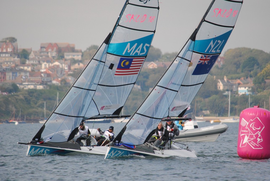 New Zealand to windward of Malaysia on Day 4 of the 2012 Paralympics at Portland photo copyright David Staley - IFDS  taken at  and featuring the  class