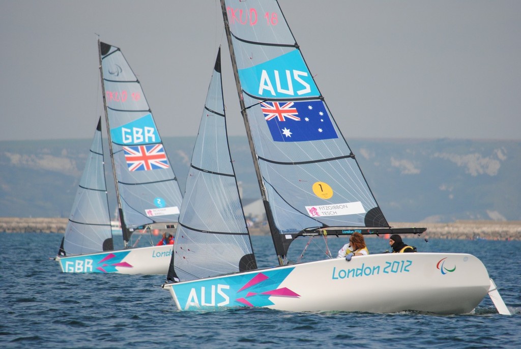 Australia and Britain competing in the SKUD18 class on Day 4 of the 2012 Paralympics at Portland photo copyright David Staley - IFDS  taken at  and featuring the  class