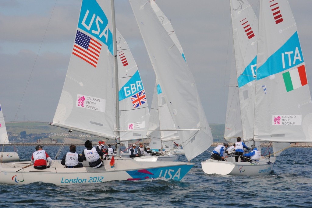 Sonar racing on Day 4 of the 2012 Paralympics at Portland photo copyright David Staley - IFDS  taken at  and featuring the  class