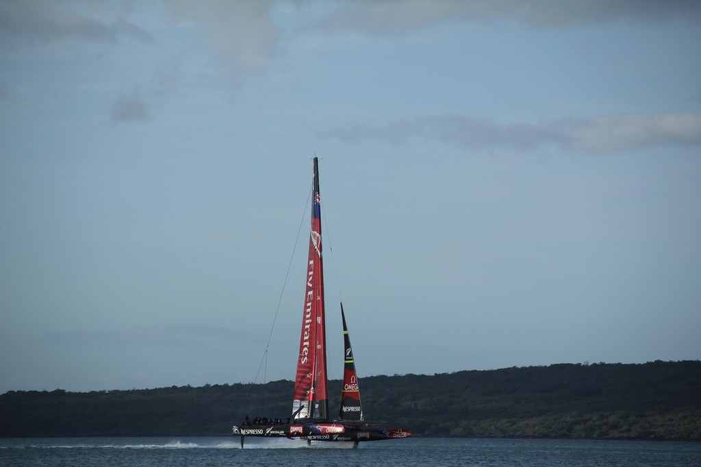 Emirates Team NZ’s AC72 flying low and fast up the Rangitoto Channel © Wright Images http://www.sail-world.com