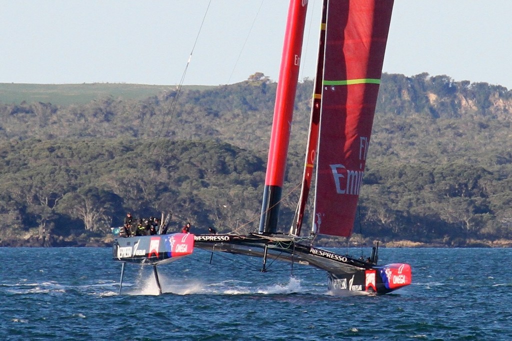 IMG 8346 - Emirates Team NZ turns downwind as leeward hull starts climbing, still building speed rapidly despite gennaker being seriously backwinded and not fully sheeted. Both foils are still down © Richard Gladwell www.photosport.co.nz