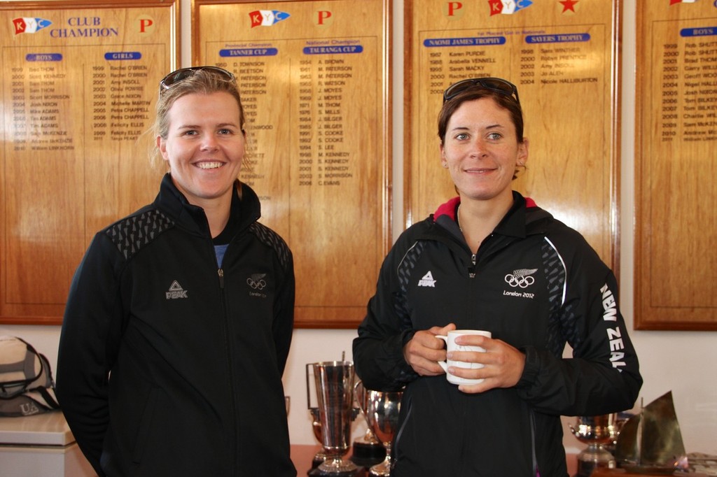 Olivia Powrie and Jo Aleh in front of the honours boards which carry both their names  at Kohimaramara Yacht Club  Sunday September 23, 2012 . © Richard Gladwell www.photosport.co.nz