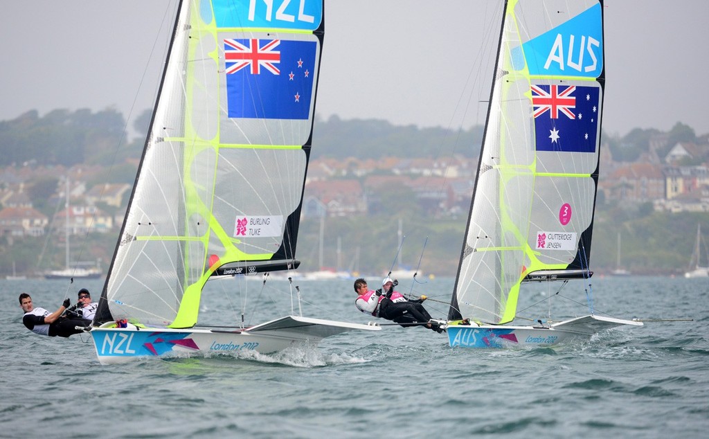 Kiwis and Aussies lead 49ers - London 2012 Olympic Games photo copyright Sail-World.com http://www.sail-world.com taken at  and featuring the  class