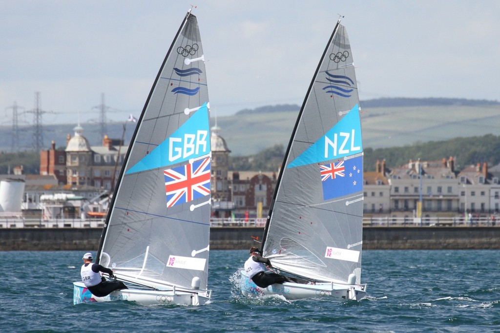 July 28, 2012 Mens Heavyweight Singlehander (Finn) Ben Ainslie (GBR) and Dan Slater (NZL) photo copyright Richard Gladwell www.photosport.co.nz taken at  and featuring the  class