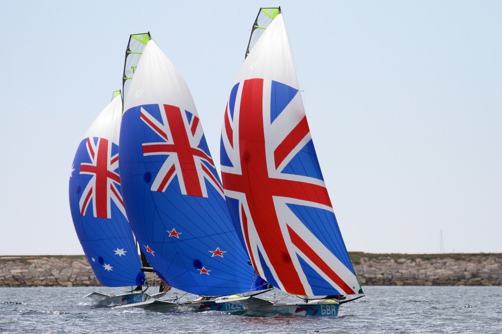  August 8, 2012 - Weymouth, England -Gold Medalists (AUS) rear, Silver medalists (NZL) and the British crew (5th)  in the 49er class photo copyright Richard Gladwell www.photosport.co.nz taken at  and featuring the  class