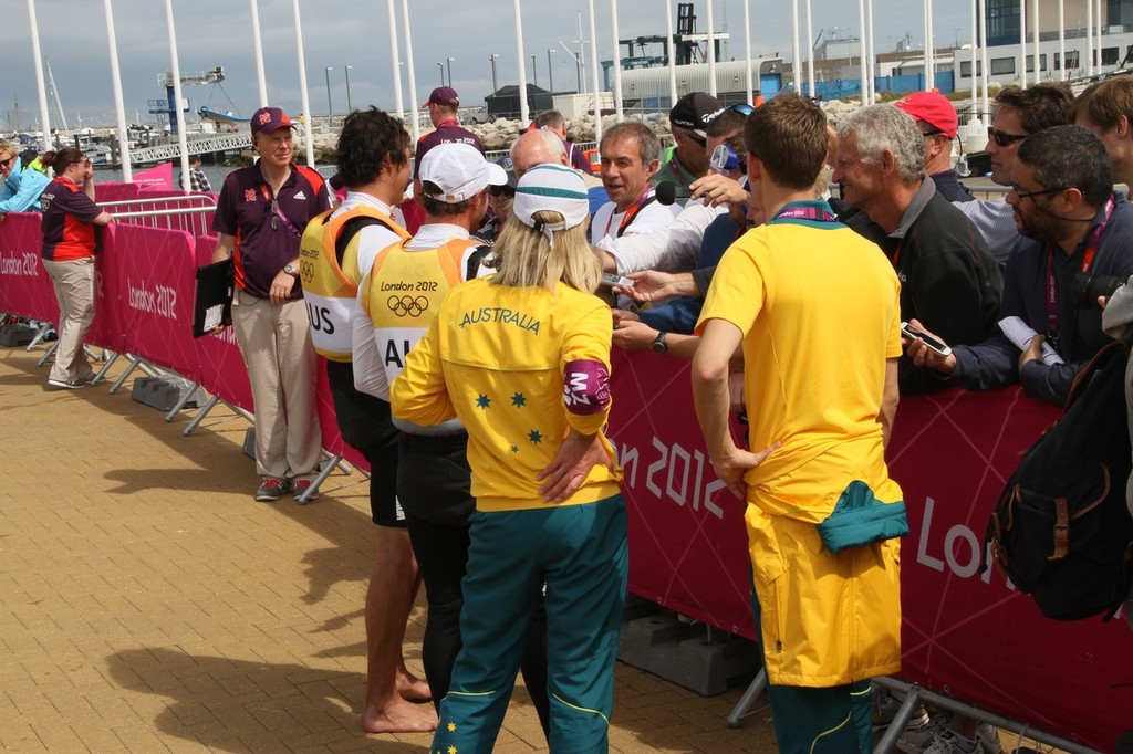  August 8, 2012 - Weymouth, England - Nathan Outteridge and Iain Jensen (AUS) Gold Medal winners speak with the media in the Mixed Zone &copy; Richard Gladwell www.photosport.co.nz