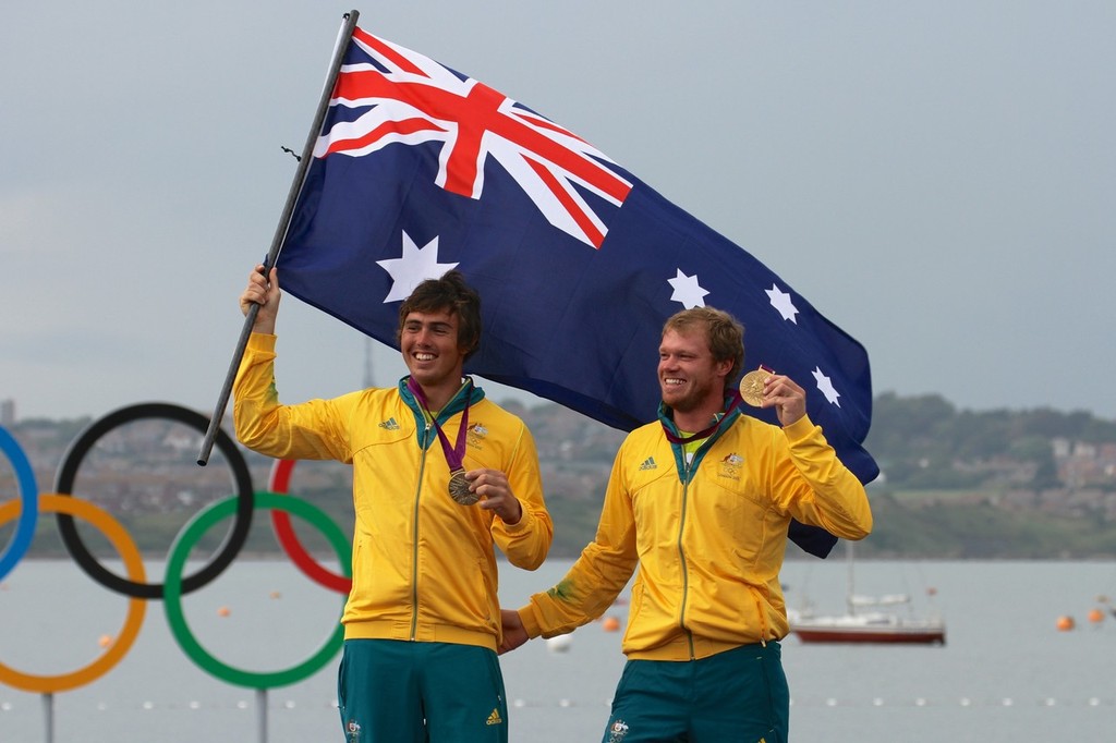  August 8, 2012 - Weymouth, England - Nathan Outteridge and Iain Jensen (AUS) Gold Medal winners photo copyright Richard Gladwell www.photosport.co.nz taken at  and featuring the  class