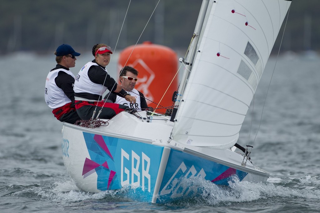 Hannah Stodel, Stephen Thomas and John Robertson (GBR),  competing today (01.09.2012), in the Three-Person Keelboat (Sonar) event in The London 2012 Paralympic Sailing Competition. &copy; onEdition http://www.onEdition.com