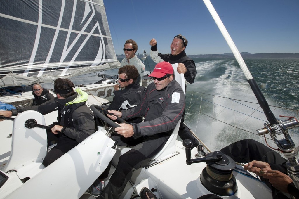 Onboard L’Hydroptère DCNS, Alain Thébault and his crew sailing (with Peter Stoneberg, Warren Fitzgerald, Paul Campbell-James, Jacques Vincent and Paul Cayard) in San Francisco, Calirfonia, USA. © Christophe Launay