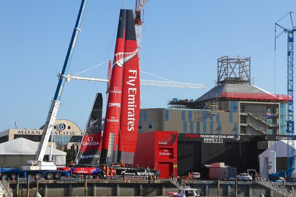 July 18, 2012 America’s Cup - World’s first First AC72 unveiled - Emirates Team NZ AC72 first rigging - Viaduct Habour, Auckland, New Zealand © Richard Gladwell www.photosport.co.nz