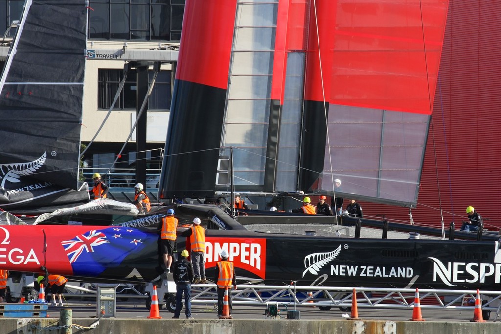 July 18, 2012 America’s Cup - World’s first First AC72 unveiled - Emirates Team NZ AC72 first rigging - Viaduct Habour, Auckland, New Zealand © Richard Gladwell www.photosport.co.nz