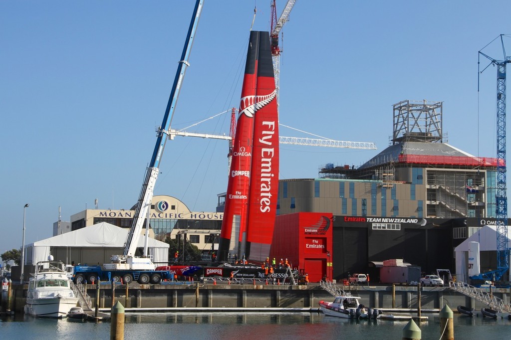 July 18, 2012 America’s Cup - World’s first First AC72 unveiled - Emirates Team NZ AC72 first rigging - Viaduct Habour, Auckland, New Zealand © Richard Gladwell www.photosport.co.nz