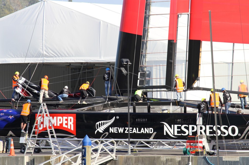 July 18, 2012 America’s Cup - World’s first First AC72 unveiled - Wingsail step detail -Emirates Team NZ AC72 first rigging - Viaduct Habour, Auckland, New Zealand © Richard Gladwell www.photosport.co.nz