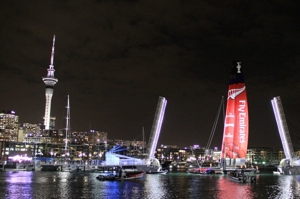 July 20, 2012 America's Cup - World's first First AC72  - Launch Rehersal - Emirates Team NZ AC72 - Viaduct Habour, Auckland, New Zealand photo copyright Richard Gladwell www.photosport.co.nz taken at  and featuring the  class
