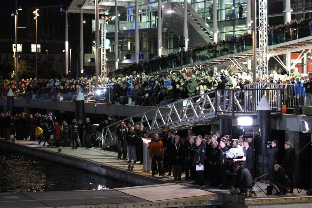 July 21, 2012 America’s Cup - Emirates Team NZ Launch at the Viaduct Harbour, Auckland. Fans behind Official Party as they receive the Maori Challenge © Richard Gladwell www.photosport.co.nz