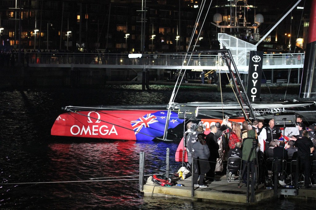 July 21, 2012 America’s Cup - Emirates Team NZ Launch at the Viaduct Harbour, Auckland. Trebuchet holding the launching wine in position © Richard Gladwell www.photosport.co.nz
