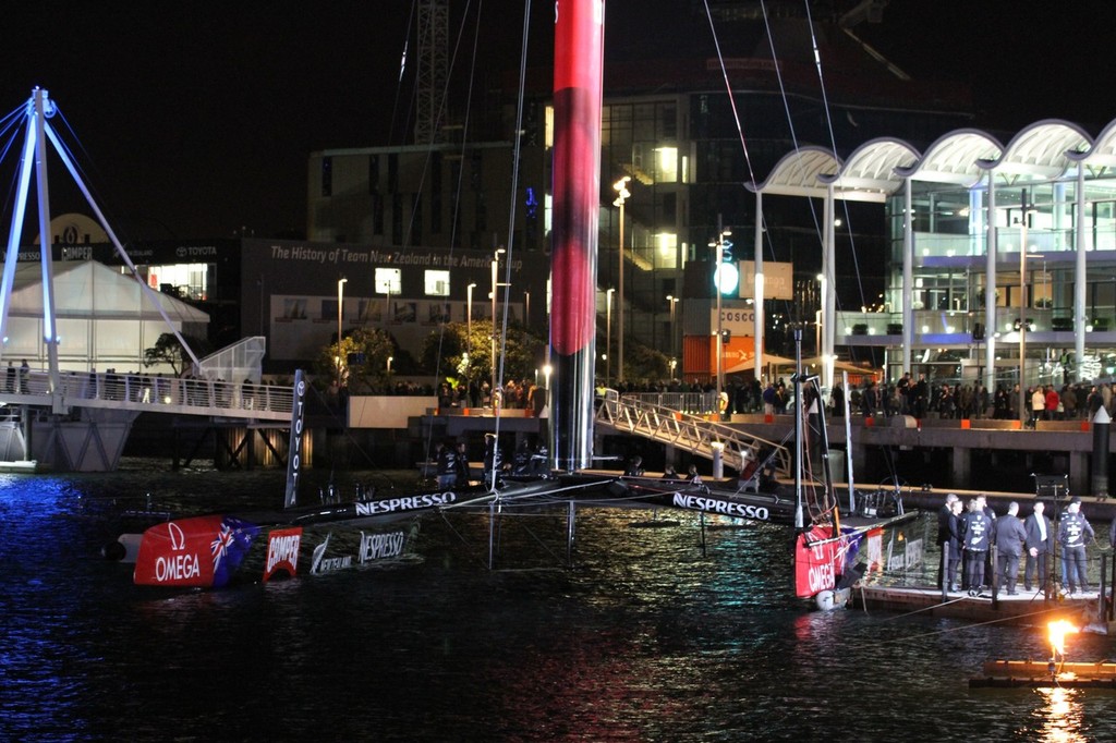 July 21, 2012 America’s Cup - Emirates Team NZ Launch at the Viaduct Harbour, Auckland. The AC72 features a 14mtr beam and is expected to regularly hit speeds of 40kts © Richard Gladwell www.photosport.co.nz