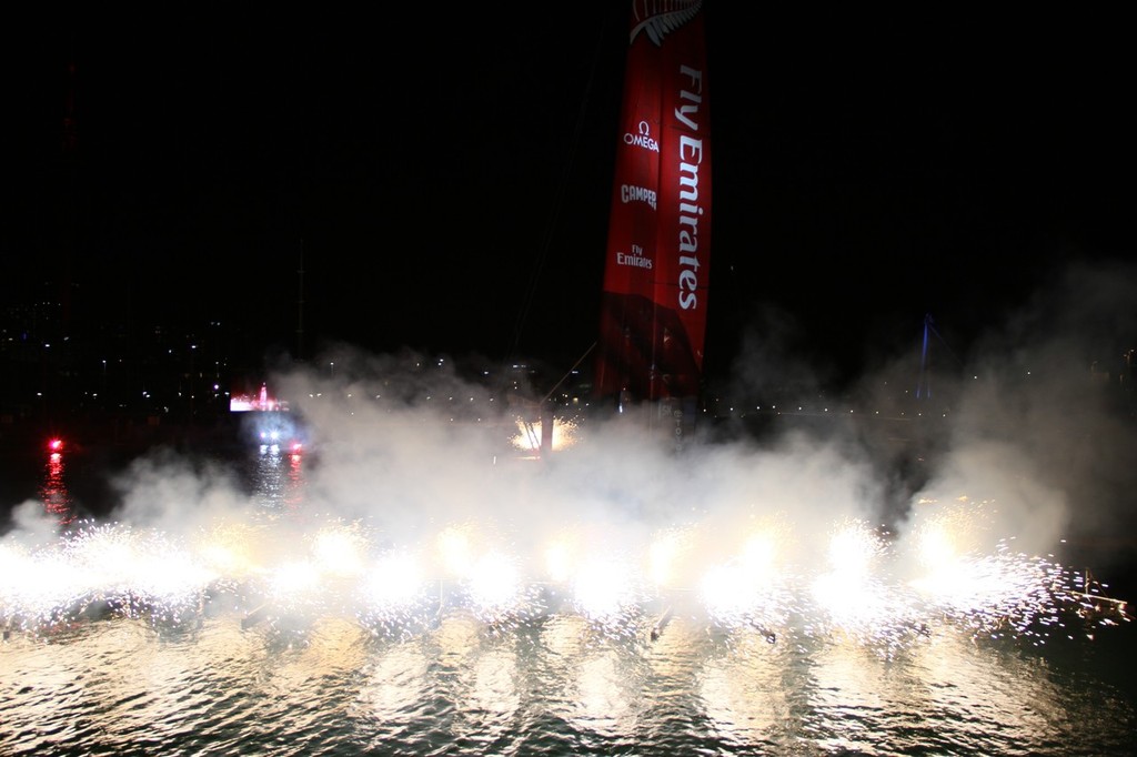 July 21, 2012 America’s Cup - Emirates Team NZ Launch at the Viaduct Harbour, Auckland. Fireworks after the yacht is named New Zealand © Richard Gladwell www.photosport.co.nz