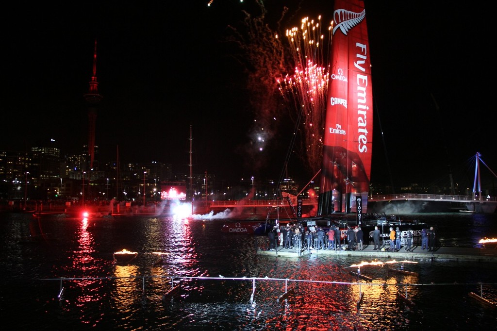 July 21, 2012 America's Cup - Emirates Team NZ Launch at the Viaduct Harbour, Auckland. Fireworks after the yacht is named New Zealand photo copyright Richard Gladwell www.photosport.co.nz taken at  and featuring the  class