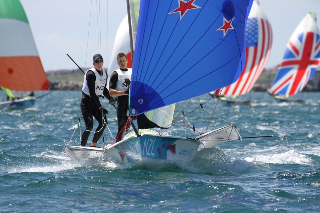 July 30, 2012 Weymouth, England - Mens Skiff (49er) Peter Burling and Blair Tuke (NZL) - just after finishing 9th place in Heat 1  © Richard Gladwell www.photosport.co.nz