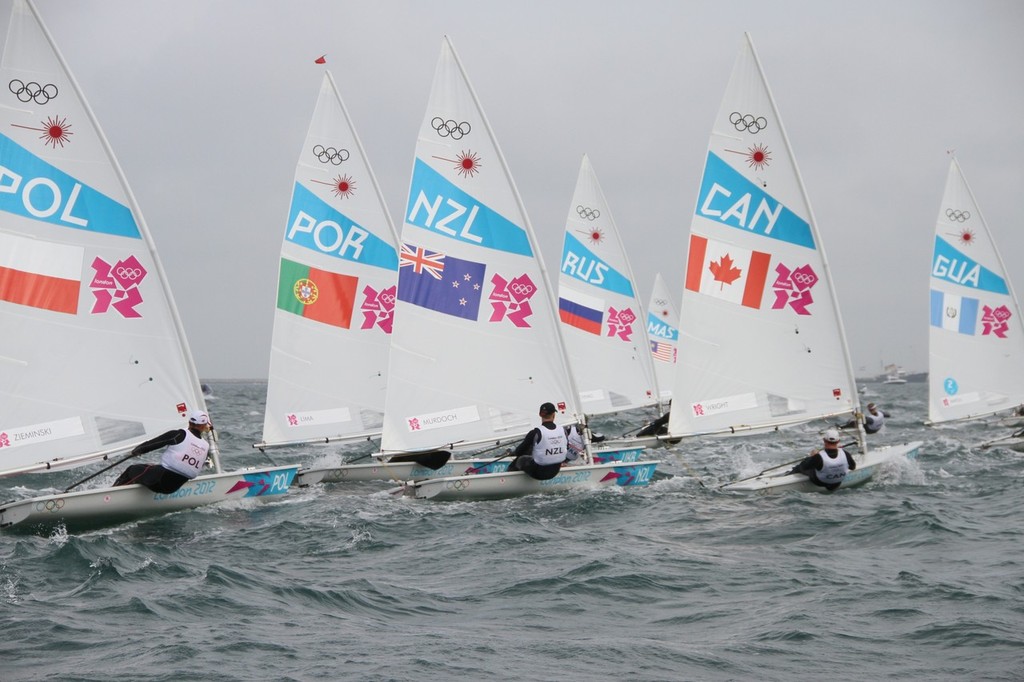 July 31, 2012  Mens Singlehander - Andrew Murdoch (NZL) racing on the Portland course inside the harbour at Weymouth photo copyright Richard Gladwell www.photosport.co.nz taken at  and featuring the  class