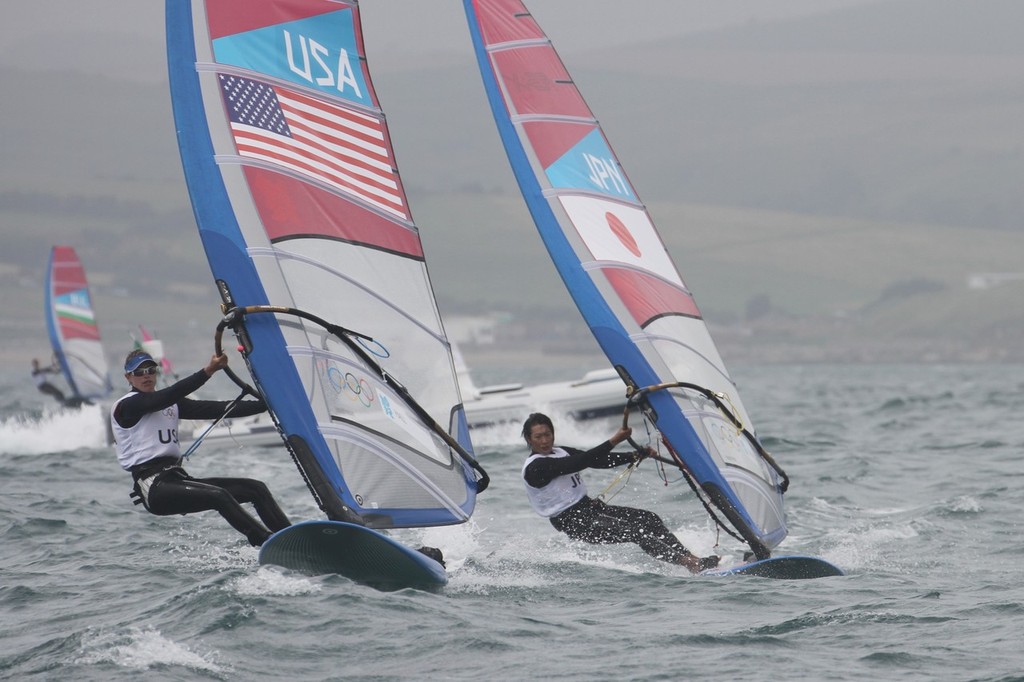 July 31, 2012  Womens Windsurfer - Farrah Hall (USA) and Yuki Sunaga (JPN) Race 2 of the Womens Windsurfer © Richard Gladwell www.photosport.co.nz