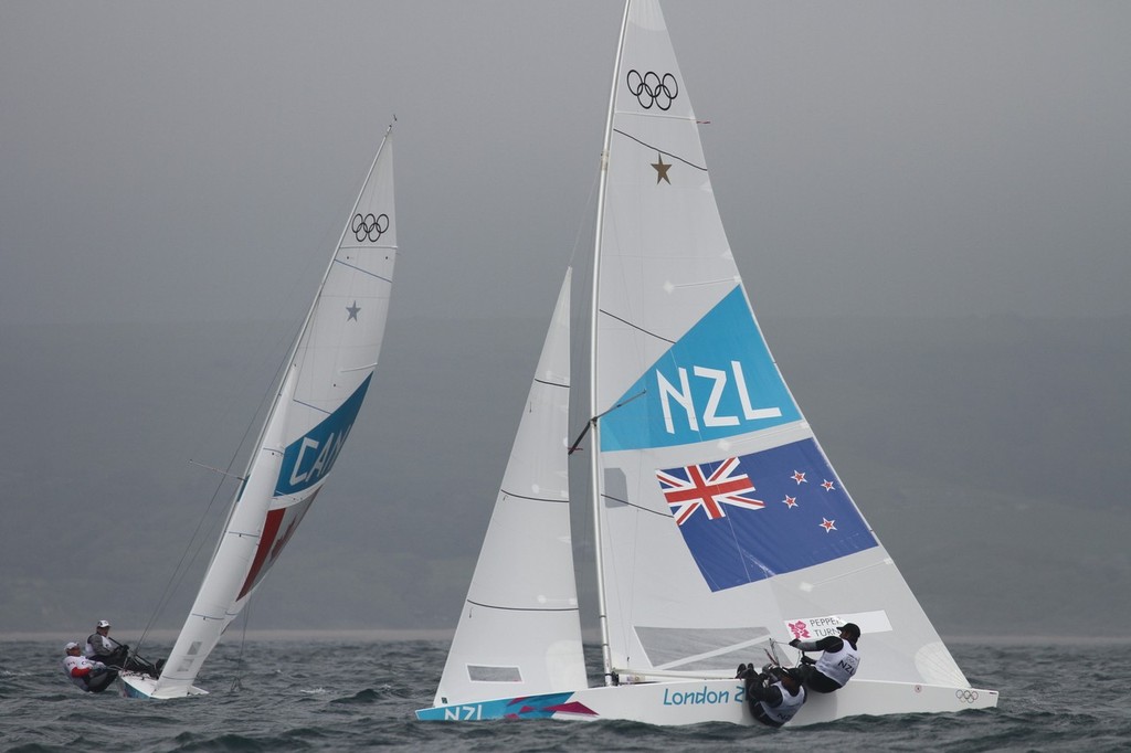 July 31, 2012  Mens Two Handed Keelboat - Hamish Pepper and Jim Turner (NZL) challenging for the lead photo copyright Richard Gladwell www.photosport.co.nz taken at  and featuring the  class