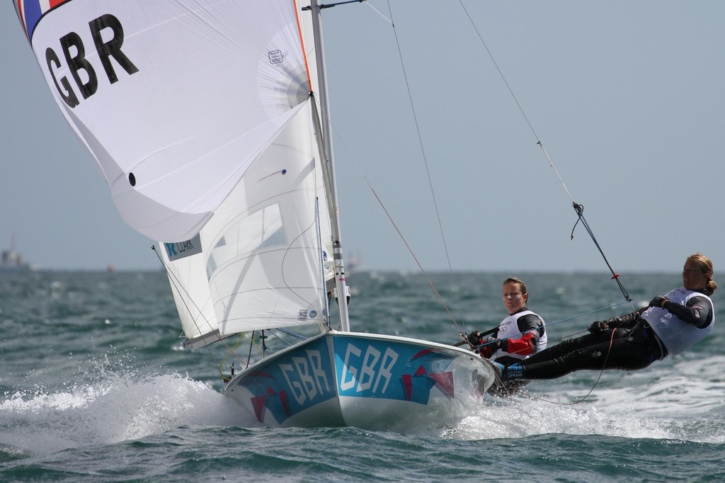  August 3, 2012 - Weymouth, England - Hannah Mills and Saskia Clark (GBR) leaders in the Womens 470 after Day 1 photo copyright Richard Gladwell www.photosport.co.nz taken at  and featuring the  class