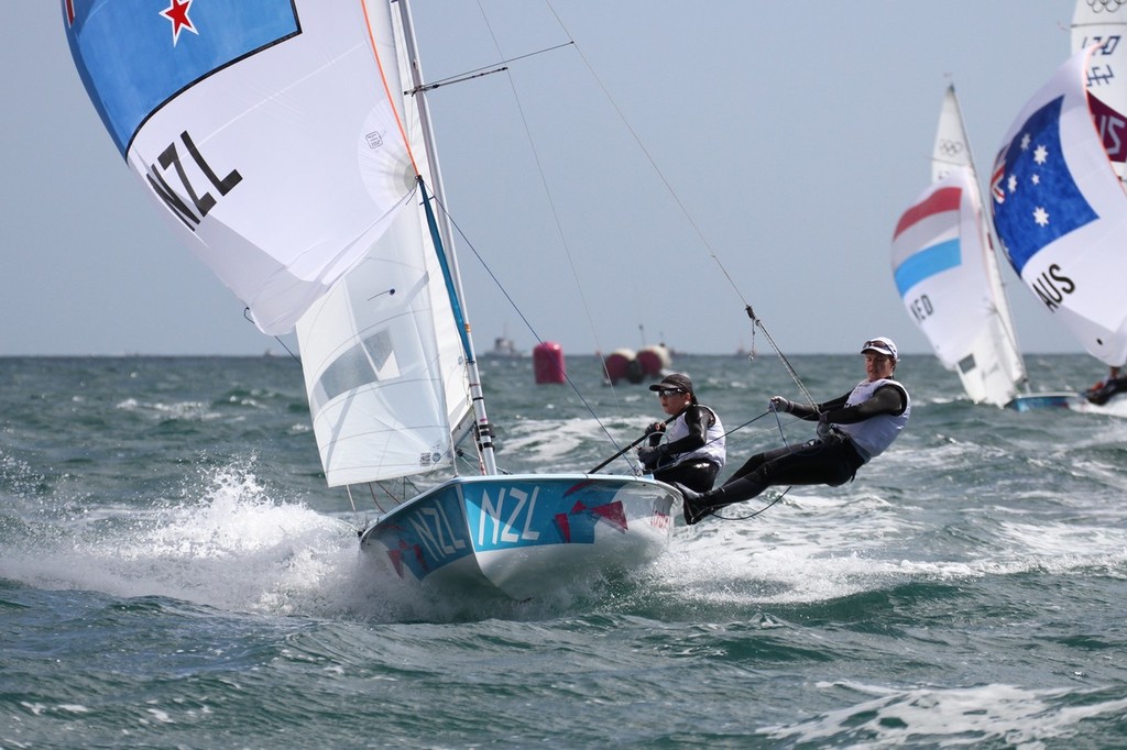 Second time Olympian, Jo Aleh, and Olivia Powrie (NZL) won the Gold medal in the Womens 470 © Richard Gladwell www.photosport.co.nz