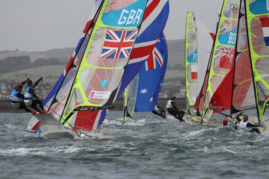 August 3, 2012 - Weymouth, England - Stevie Morrison and Ben Rhodes (GBR) on the penultimate leg of Race 11 of the 49er class © Richard Gladwell www.photosport.co.nz