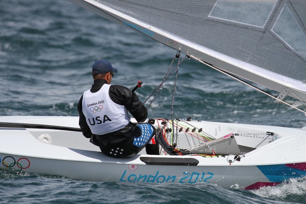  August 3, 2012 - Weymouth, England - Zach Railey (USA) Silver medlaist from the 2008 Olympics, finished 12th in Race 9 of the Finn class photo copyright Richard Gladwell www.photosport.co.nz taken at  and featuring the  class