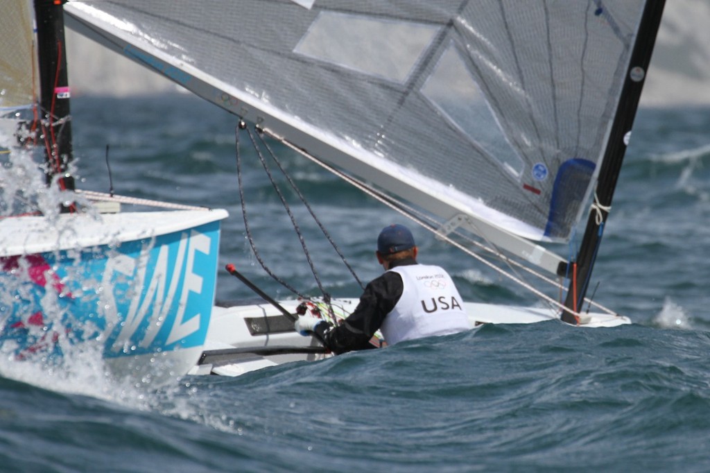  August 3, 2012 - Weymouth, England - Zach Railey (USA) Silver medlaist from the 2008 Olympics, finished 12th in Race 9 of the Finn class photo copyright Richard Gladwell www.photosport.co.nz taken at  and featuring the  class