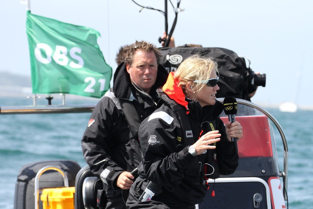  August 3, 2012 - Weymouth, England - Double Olympic Gold medallist, Shirley Robertson, commentating for the BBC on the Star class - photo © Richard Gladwell www.photosport.co.nz