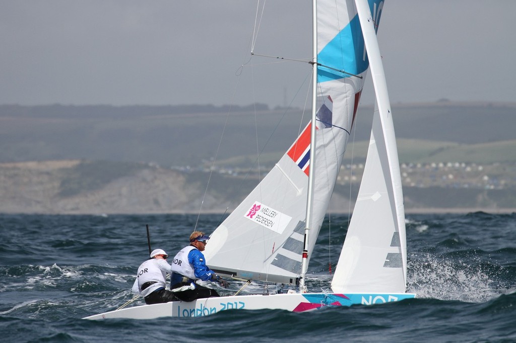  August 3, 2012 - Weymouth, England - Evind Melleby and Petter Pedersen (NOR) round the first mark in Race 7 photo copyright Richard Gladwell www.photosport.co.nz taken at  and featuring the  class