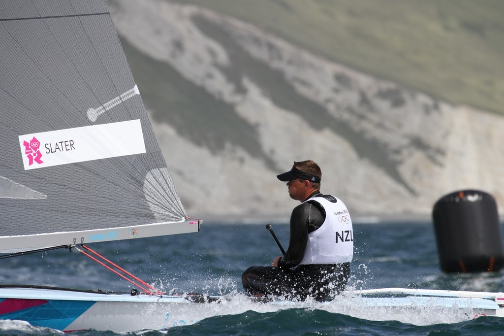  August 3, 2012 - Weymouth, England - Dan Slater (NZL) soon after finishing in eight place in Race 9  of  the Finn class. © Richard Gladwell www.photosport.co.nz