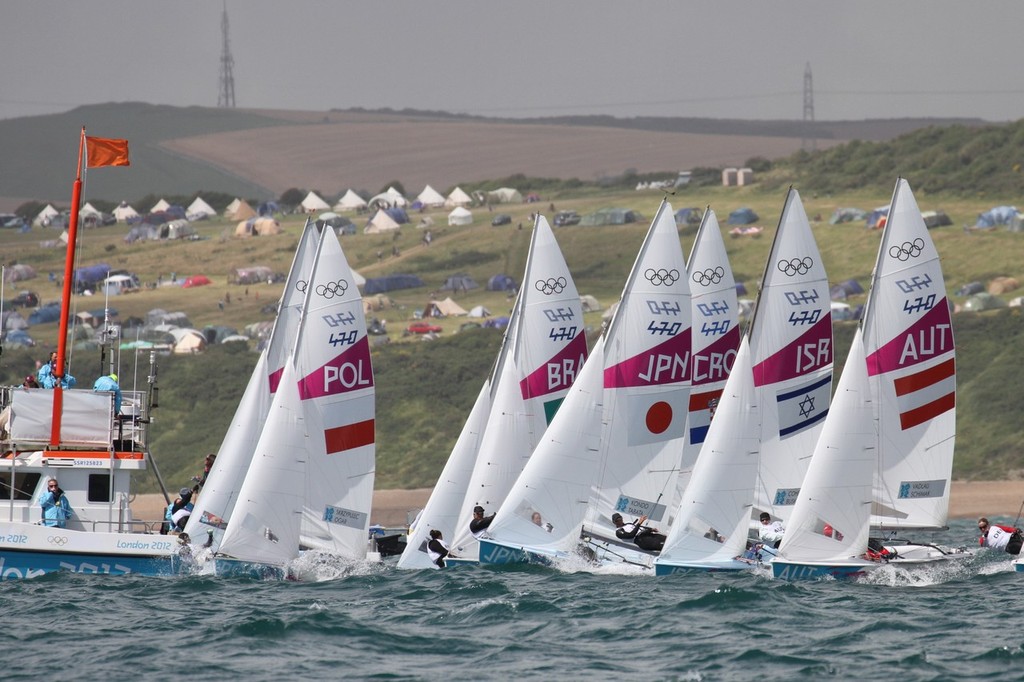  August 3, 2012 - Weymouth, England - The Womens 470 fleet starts Race 1 on Weymouth Bay © Richard Gladwell www.photosport.co.nz
