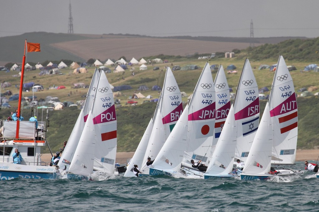 The Womens 470 fleet starts Race 1 on picturesque Weymouth Bay photo copyright Richard Gladwell www.photosport.co.nz taken at  and featuring the  class