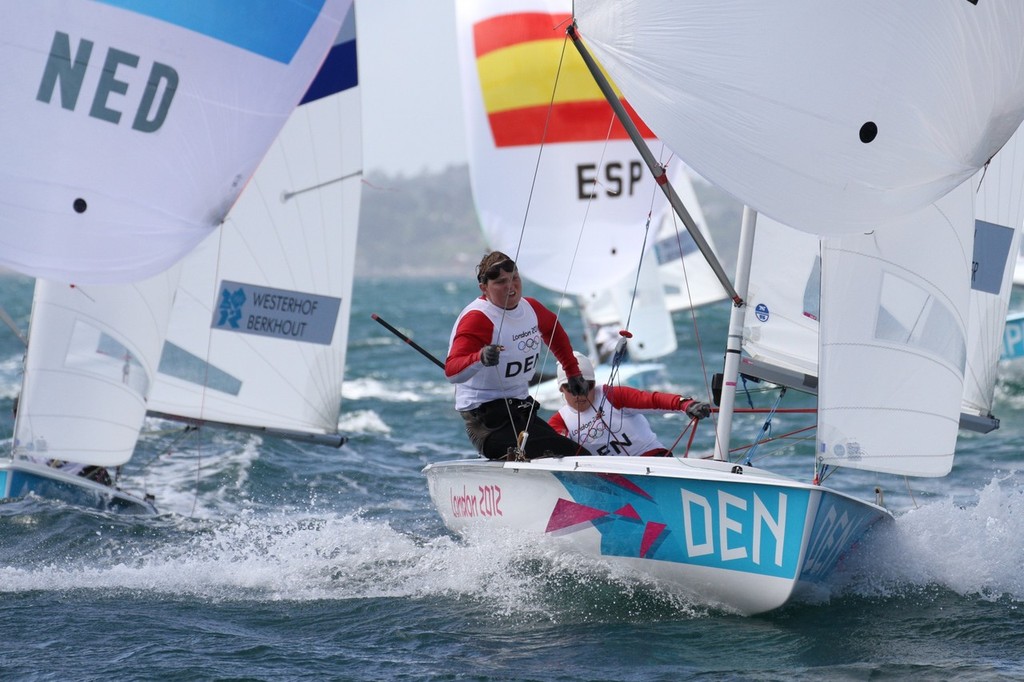  August 3, 2012 - Weymouth, England - Denmark&rsquo;s Henriette Koch and Lene Sommer under pressure on Leg 2 of the Womens 470 event. photo copyright Richard Gladwell www.photosport.co.nz taken at  and featuring the  class